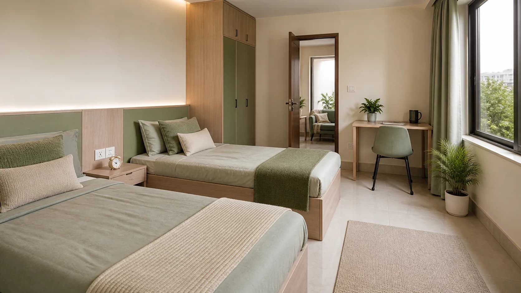 A bright shared PG room with two clearly arranged beds